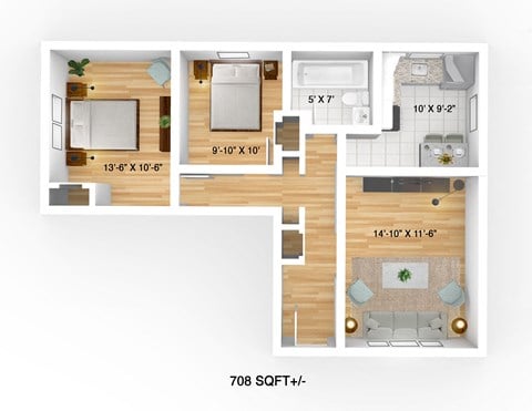 Floor plan for 2 beds, 1 bath, 708 sqft